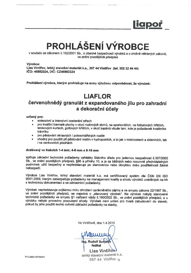 Prohlášení výrobce LIAFLOR